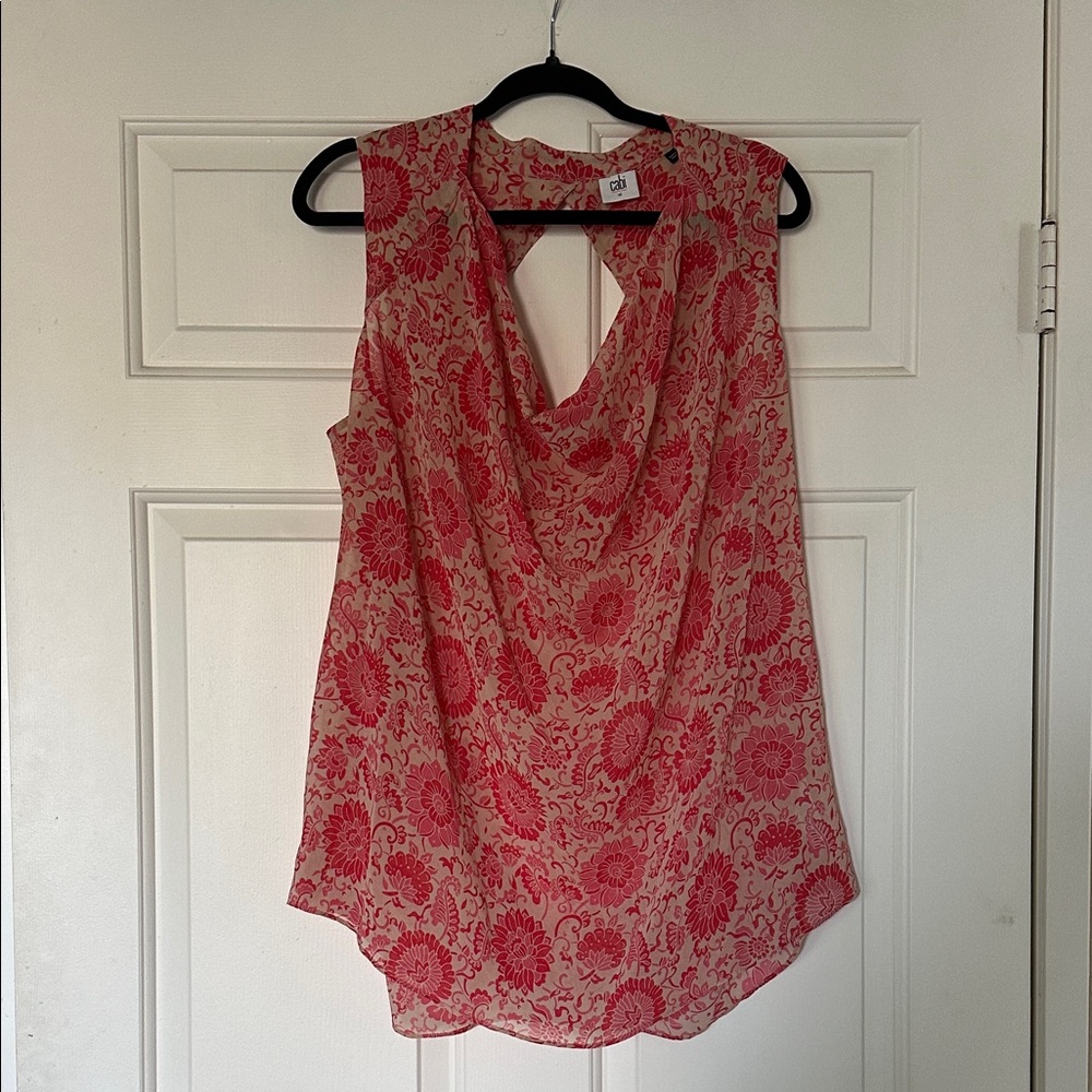 CAbi Red and Cream Floral Drape Neck Blouse